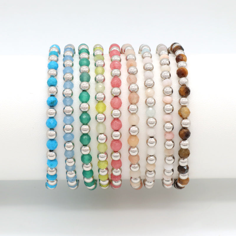 New Wholesale OEM Custom Trendy 4mm Energy Healing Green Agate Red Jade Tiger Eyes Natural Stone Silver Beads Bracelet For Women