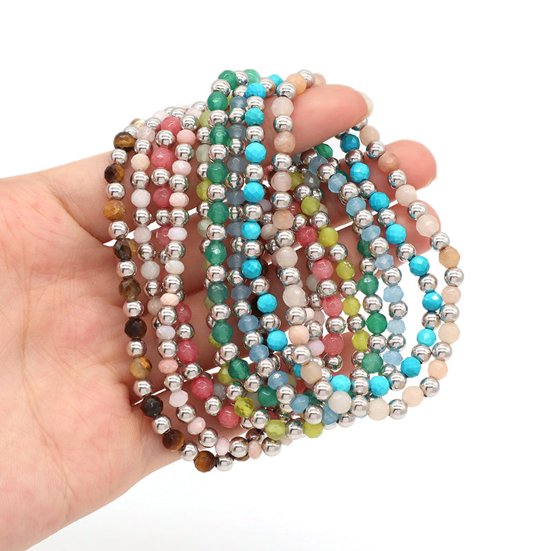 New Wholesale OEM Custom Trendy 4mm Energy Healing Green Agate Red Jade Tiger Eyes Natural Stone Silver Beads Bracelet For Women