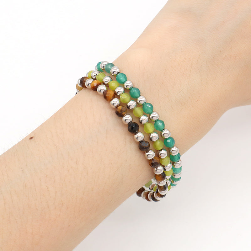 New Wholesale OEM Custom Trendy 4mm Energy Healing Green Agate Red Jade Tiger Eyes Natural Stone Silver Beads Bracelet For Women
