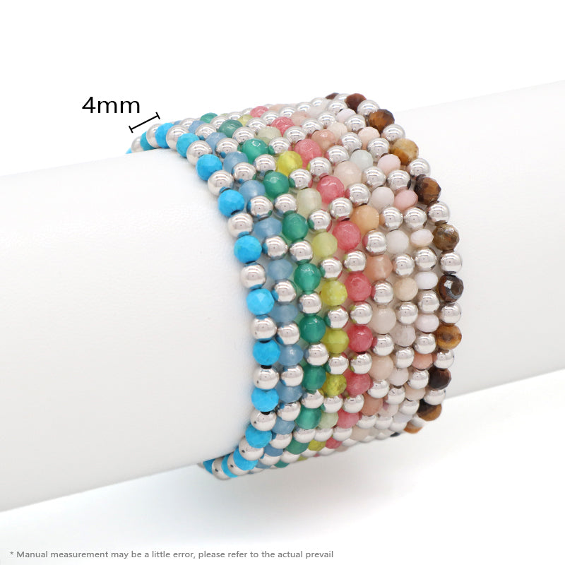 New Wholesale OEM Custom Trendy 4mm Energy Healing Green Agate Red Jade Tiger Eyes Natural Stone Silver Beads Bracelet For Women