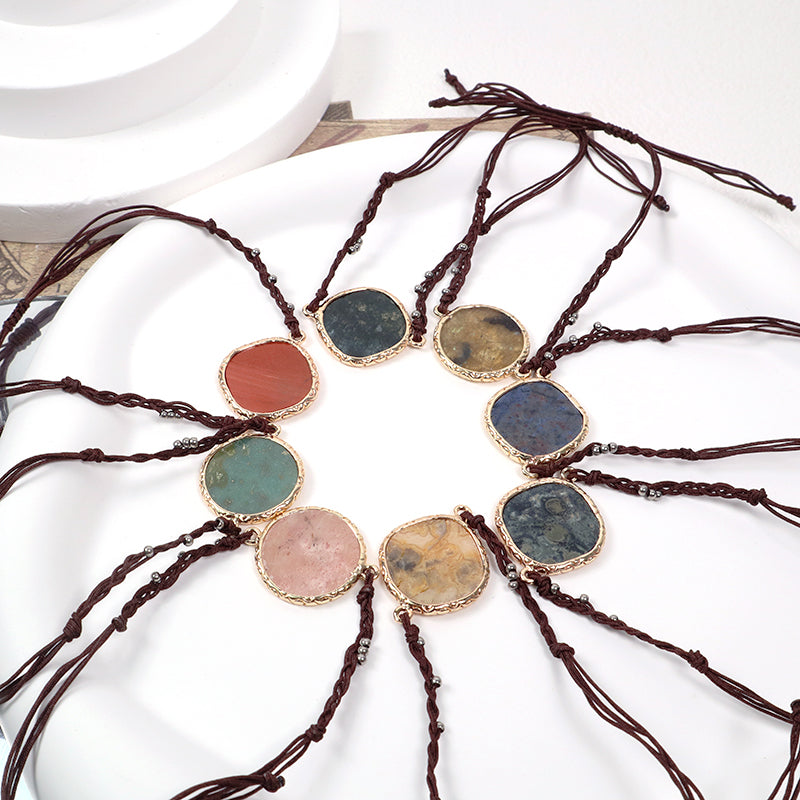 Handmade OEM Wholesale Fashionable Customized Women Woven Stainless Steel Beads Gold Plated Natural Stone Charm Bangle Bracelet