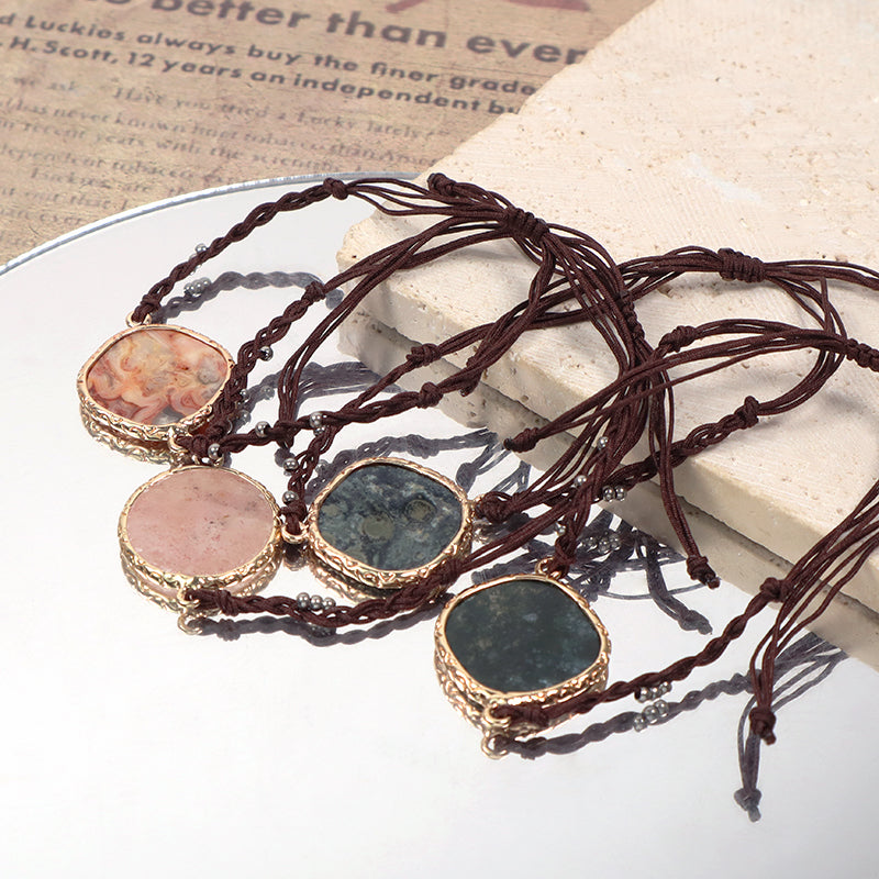 Handmade OEM Wholesale Fashionable Customized Women Woven Stainless Steel Beads Gold Plated Natural Stone Charm Bangle Bracelet