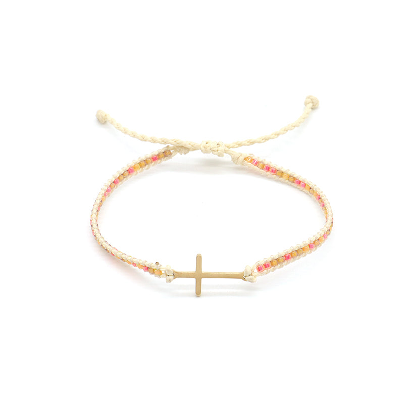 Custom Handmade Wholesale OEM Fashionable Women Jewelry Adjustable Braided Woven Macrame Miyuki Beads Cross Charm Bracelet