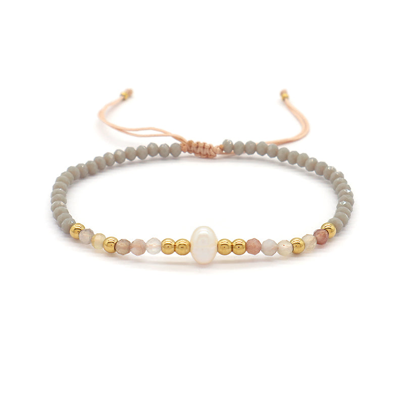 OEM Customized Fashion Handmade Wholesale Women Macrame Gold Plated Charm Adjustable Fresh Water Pearl Natural Stone Bracelet