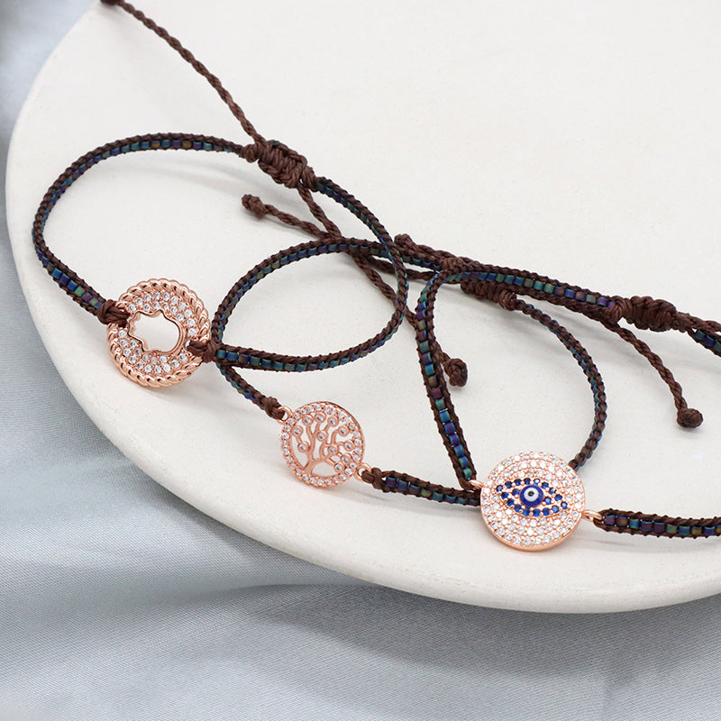 Handmade OEM Custom Wholesale Adjustable CZ Woven Gift Macrame Hand Life Tree Evil Eyes Cross Hand Charm Miyuki Beads Bracelet