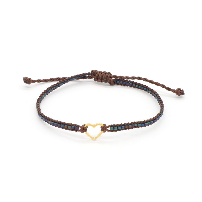 Handmade OEM Customized Wholesale Adjustable CZ Rhodium Gold Plated Woven Macrame Heart Charm Miyuki Beads Bracelet For Gift