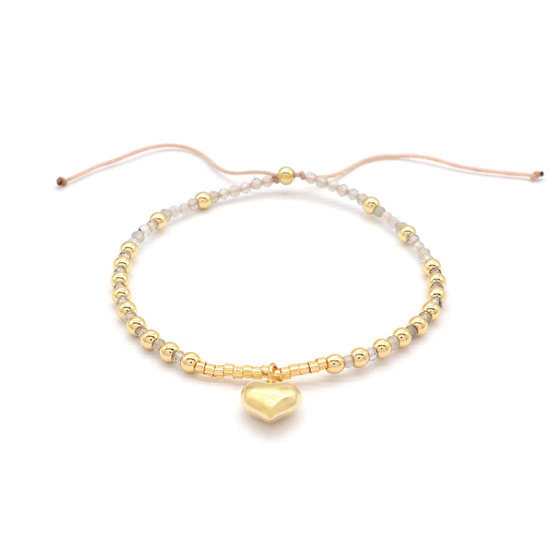 Wholesale Custom Fashionable Trendy Women Handmade Adjustable Macrame Gold Plated 925 Sterling Silver Heart Pendant Natural Stone Bead Bracelet For Gift
