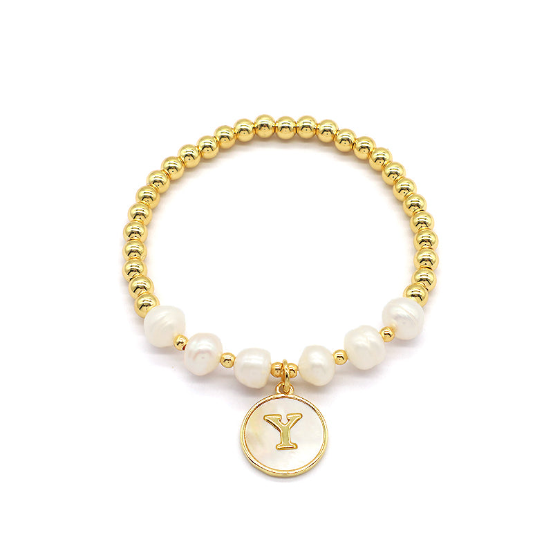 New Design Custom Wholesale Handmade Friendship Gold Plated Brass Bead Women Gift Natural Fresh Water Pearl Bracelet With Letters Shell Pendant