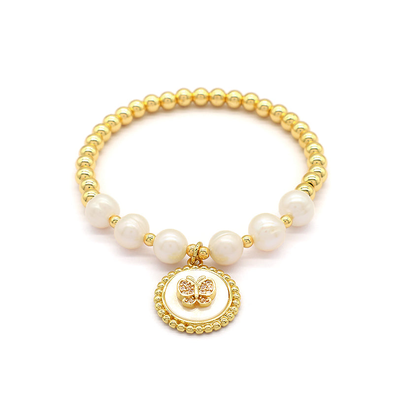 Handmade OEM Wholesale Fashion Customized Factory Brass Beads Butterfly Love Heart Moon Shell Pendant Fresh Water Pearl Bracelet For Women Gift
