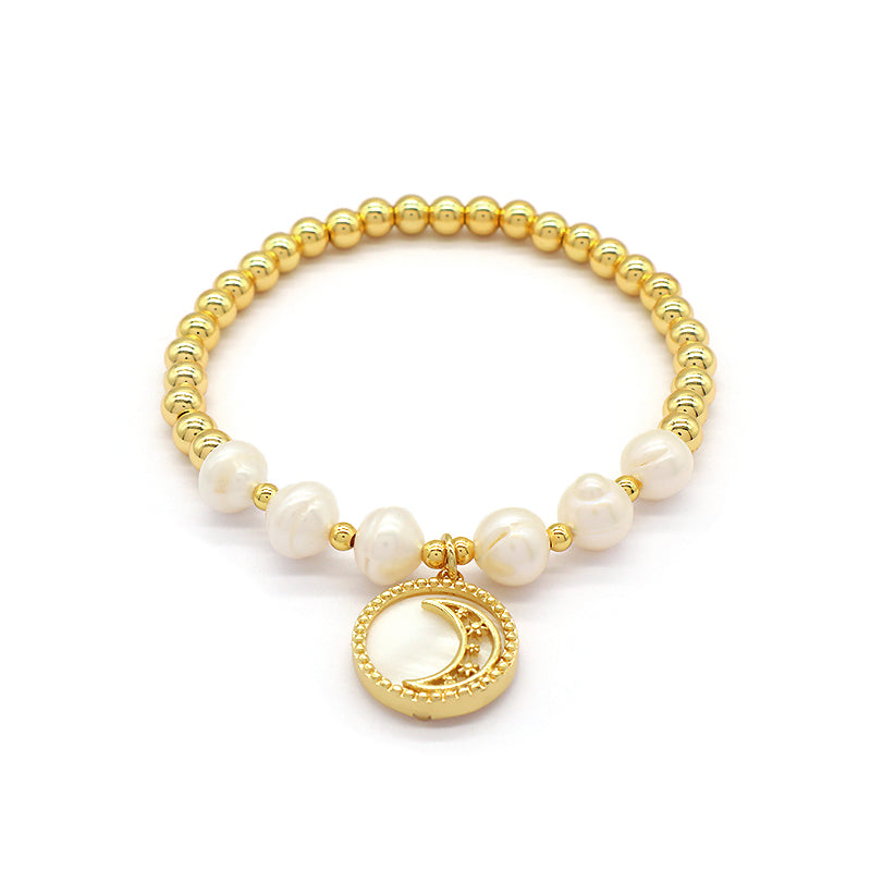 Handmade Friendship Jewelry Wholesale Gift Elastic Custom Gold Plated Brass Beads Shell Pendant Natural Fresh Water Pearl Bead Bracelet