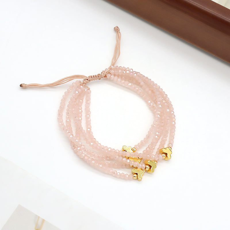 Wholesale Handmade Adjustable Macrame Cord Women Fashion Braided Jewelry Five-Layer Gold Plated Butterfly Charm Glass Crystal Beaded Bracelet