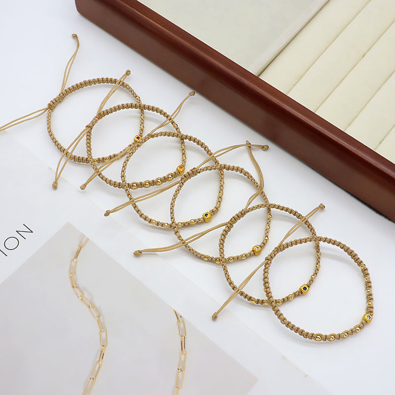 Wholesale Custom Handmade OEM Manufacture Adjustable Hand-Woven Thread Brass Charms Braided Cotton Wire Bracelet Jewelry Bangle Bracelet