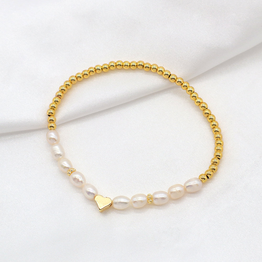 Fresh Water Pearl With Plated Gold Brass Beads Handmade Elastic Adjustable Bracelet