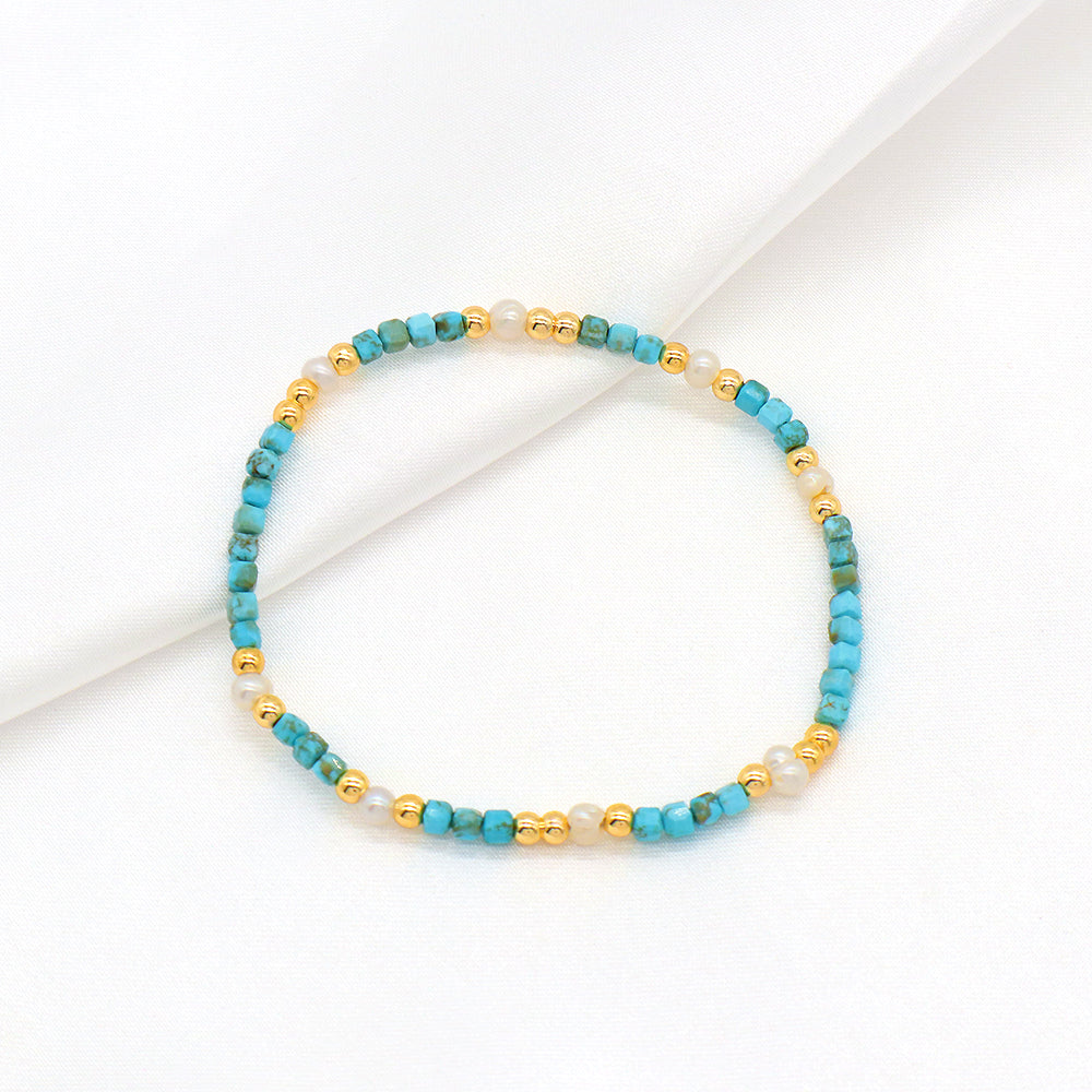 Natural Stone Turquoise Beads With Gold Plated 3mm Brass Beads Bracelet