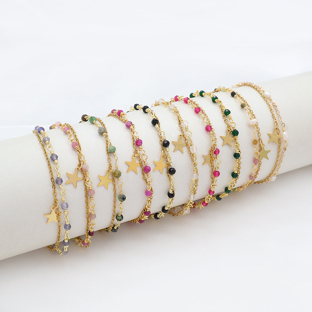 Custom Handmade Fashion Gold Plated Natural Stone Double Layer Charm Bracelet