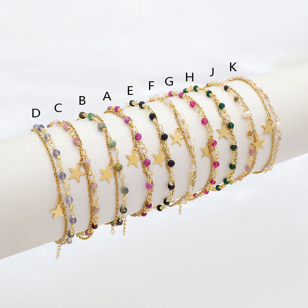 Custom Handmade Fashion Gold Plated Natural Stone Double Layer Charm Bracelet