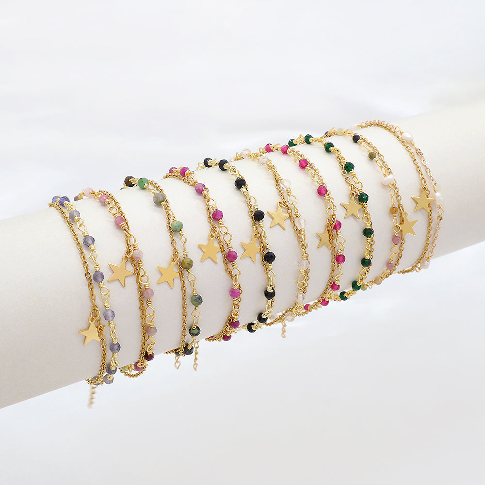 Custom Handmade Fashion Gold Plated Natural Stone Double Layer Charm Bracelet