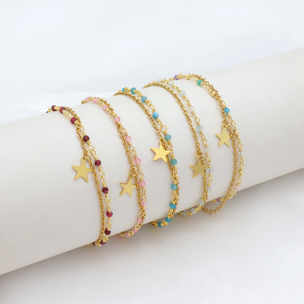 Custom Handmade Fashion Gold Plated Natural Stone Double Layer Charm Bracelet