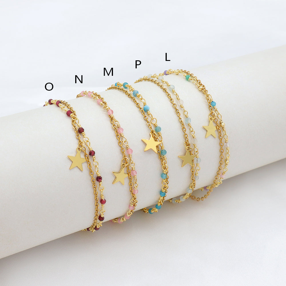 Custom Handmade Fashion Gold Plated Natural Stone Double Layer Charm Bracelet