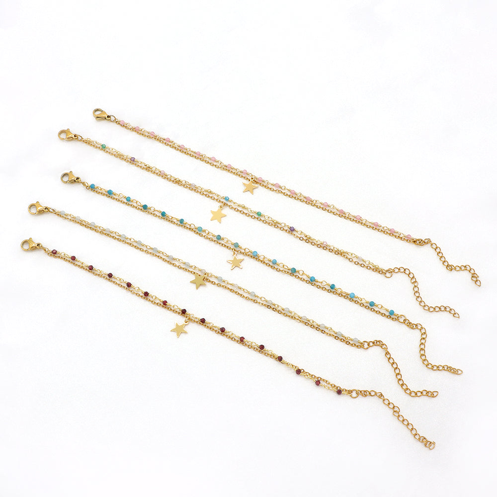 Custom Handmade Fashion Gold Plated Natural Stone Double Layer Charm Bracelet