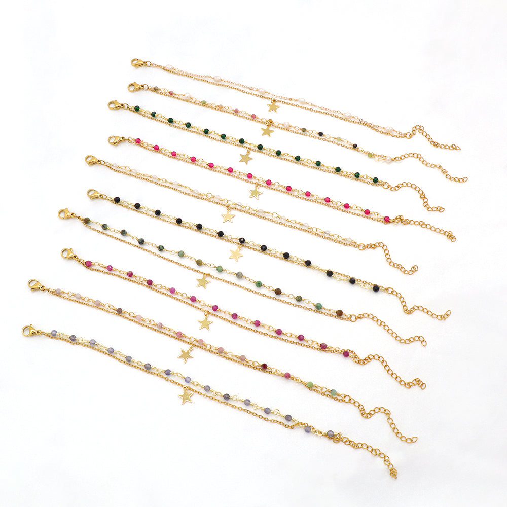 Custom Handmade Fashion Gold Plated Natural Stone Double Layer Charm Bracelet