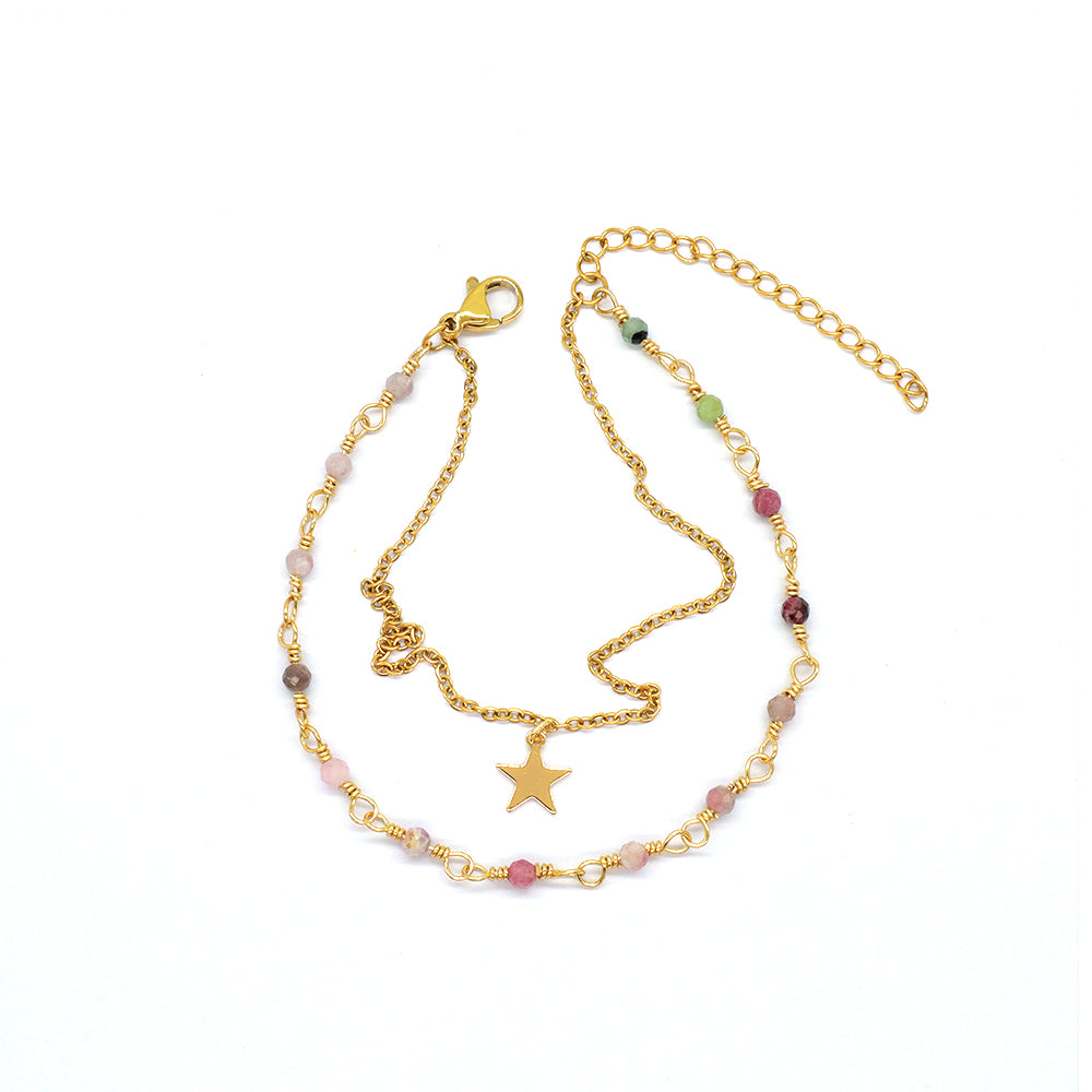 Custom Handmade Fashion Gold Plated Natural Stone Double Layer Charm Bracelet