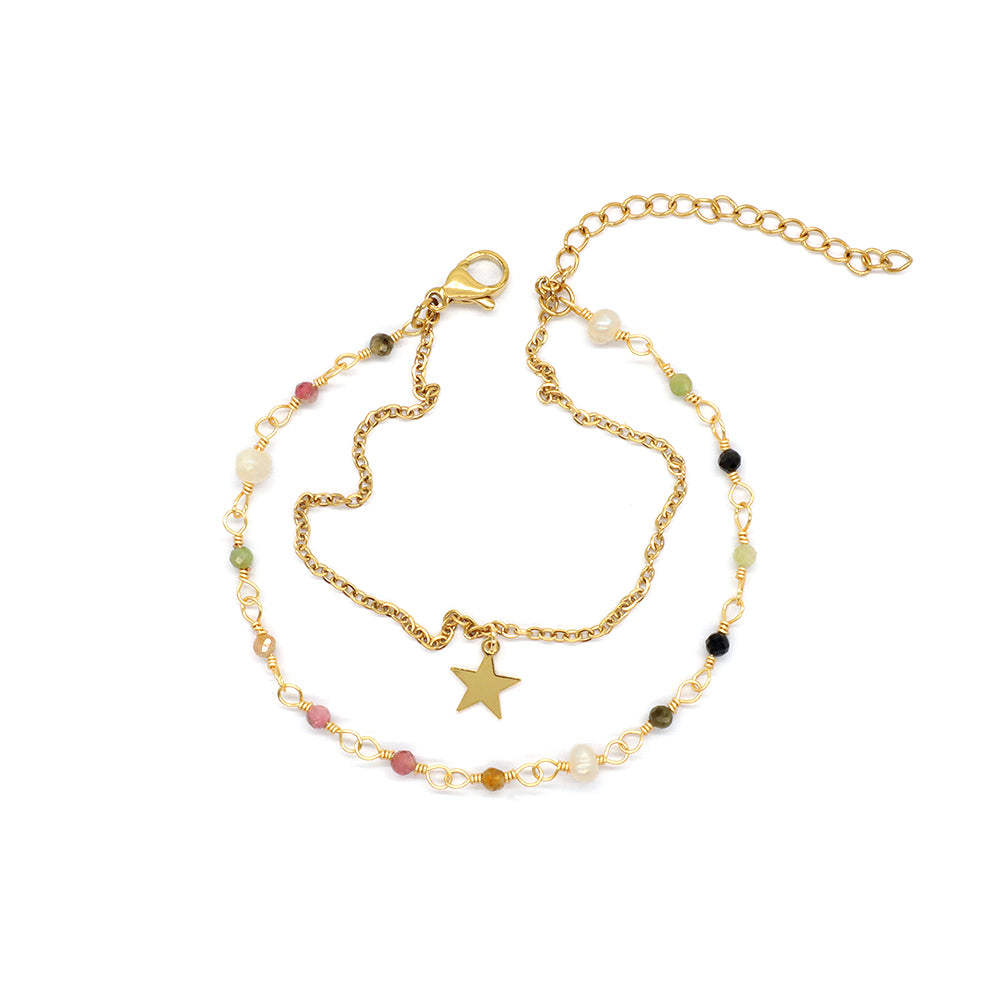 Custom Handmade Fashion Gold Plated Natural Stone Double Layer Charm Bracelet
