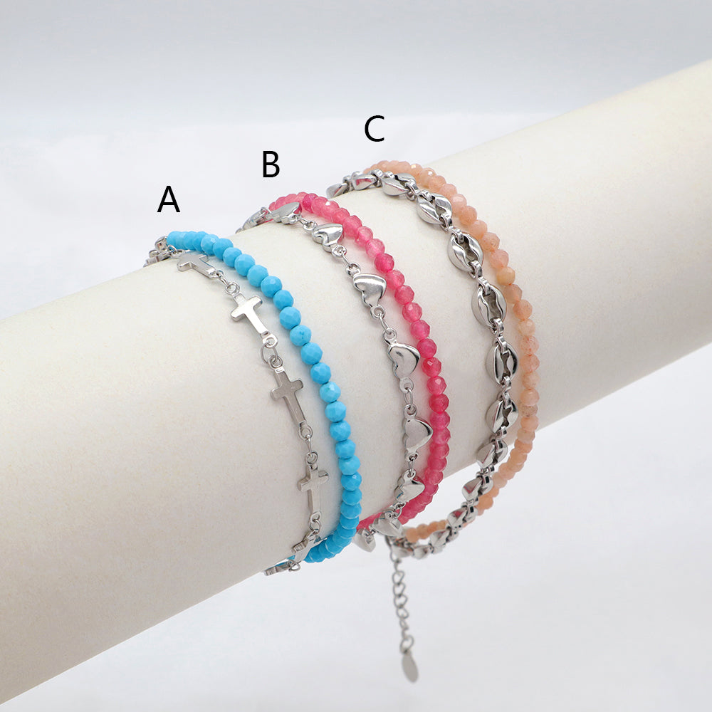 Custom Handmade Fashion Charm Natural Stone With Stainless Steel Double Layer Bracelet Bracelet