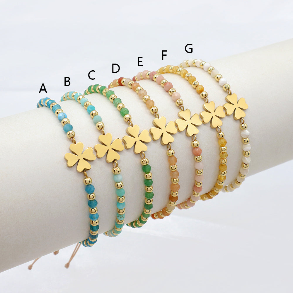 Custom Handmade Macrame Adjustable Gold Plated Stainless Steel Charm Natural Stone Bracelet