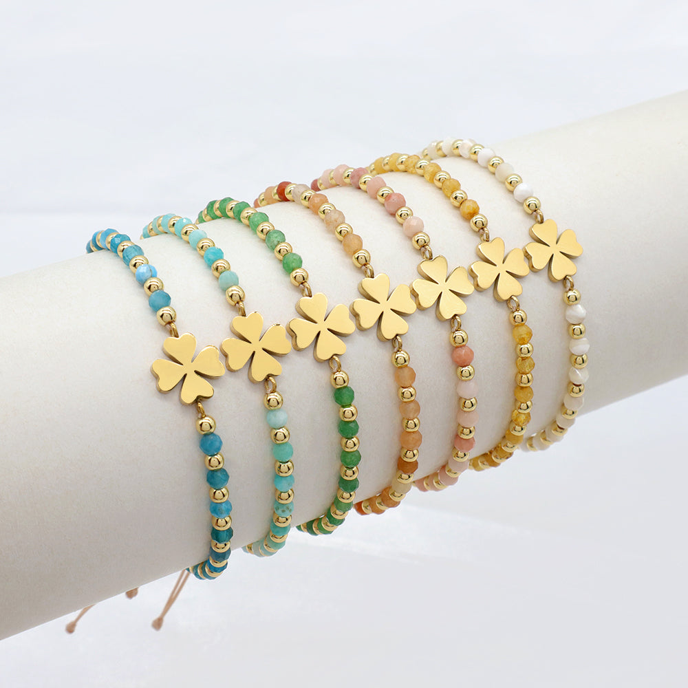 Custom Handmade Macrame Adjustable Gold Plated Stainless Steel Charm Natural Stone Bracelet