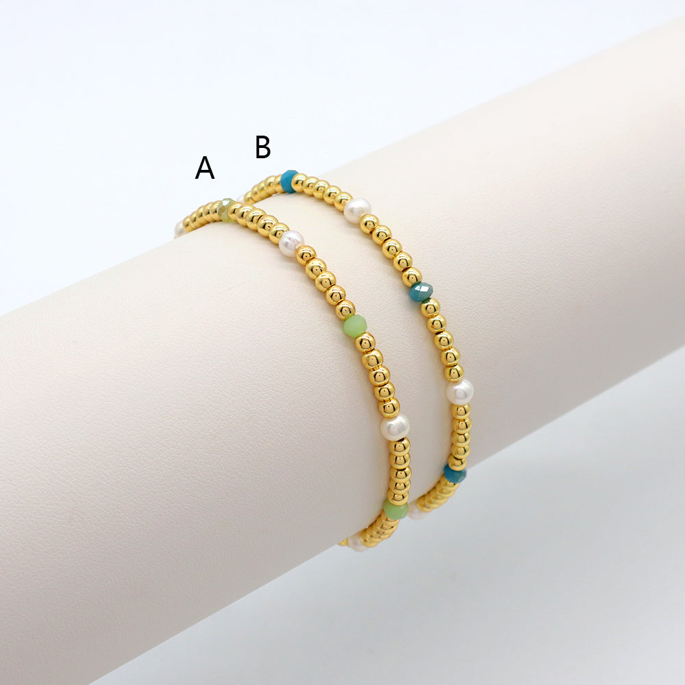 Handmade Customizable Brass Bracelet With Fresh Water Pearl Glass Crystal Beads Bracelet