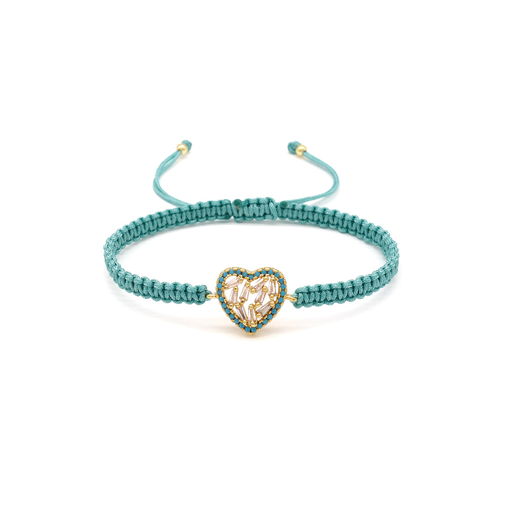 Handmade Customizable Brass Heart CZ Charm Bracelet With Cotton Wire