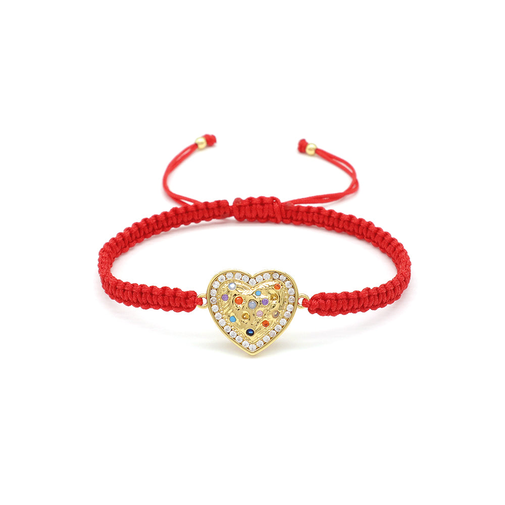 Handmade Customizable Heart Brass CZ Charm Bracelet With Cotton Wire