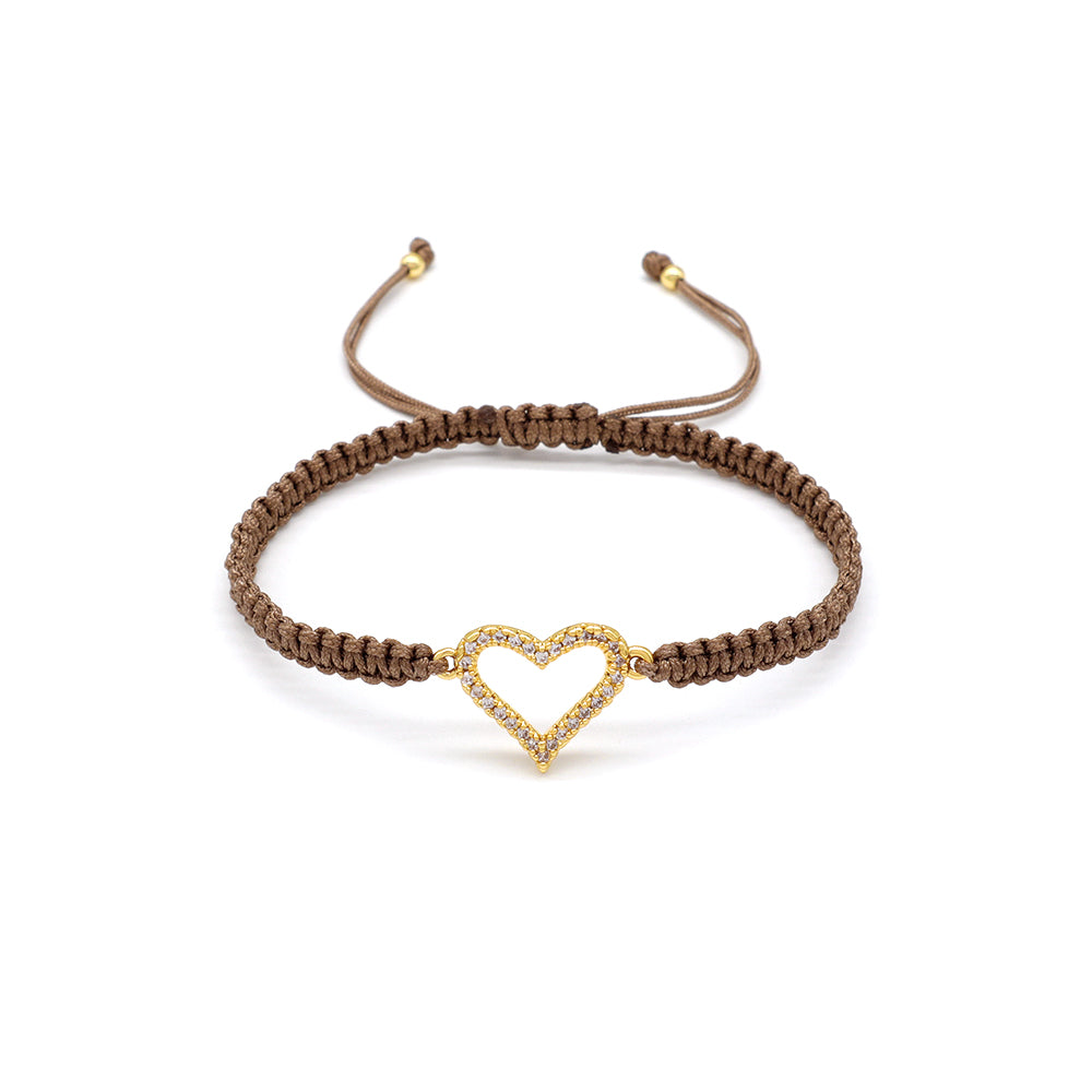 Hand-woven CZ Heart Brass Charm Bracelet With Cotton Wire