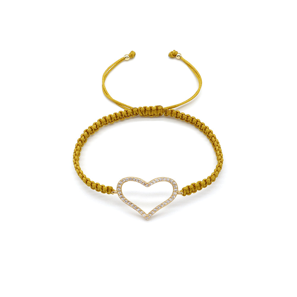 Hand-woven Customizable CZ Heart Brass Charm Bracelet With Cotton Wire