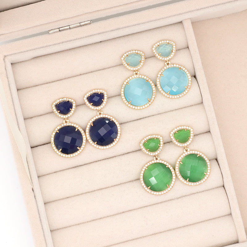 Wholesale Women Jewelry Custom Gift Blue Green Drop Dangle Stud Earrings CZ Gold Plated Colored Healing Natural Stone Earrings