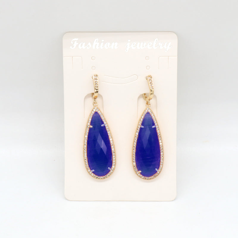 New Arrival Custom Wholesale Fashion Women Gift Gold Plated CZ Pink Yellow Blue Water Drop Healing Natural Stone Hoop Earrings