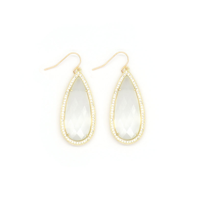 Wholesale Custom Green Pink Blue White CZ Gooseneck Earrings Women Gift Jewelry Gold Plated Dangle Drop Natural Stone Earrings