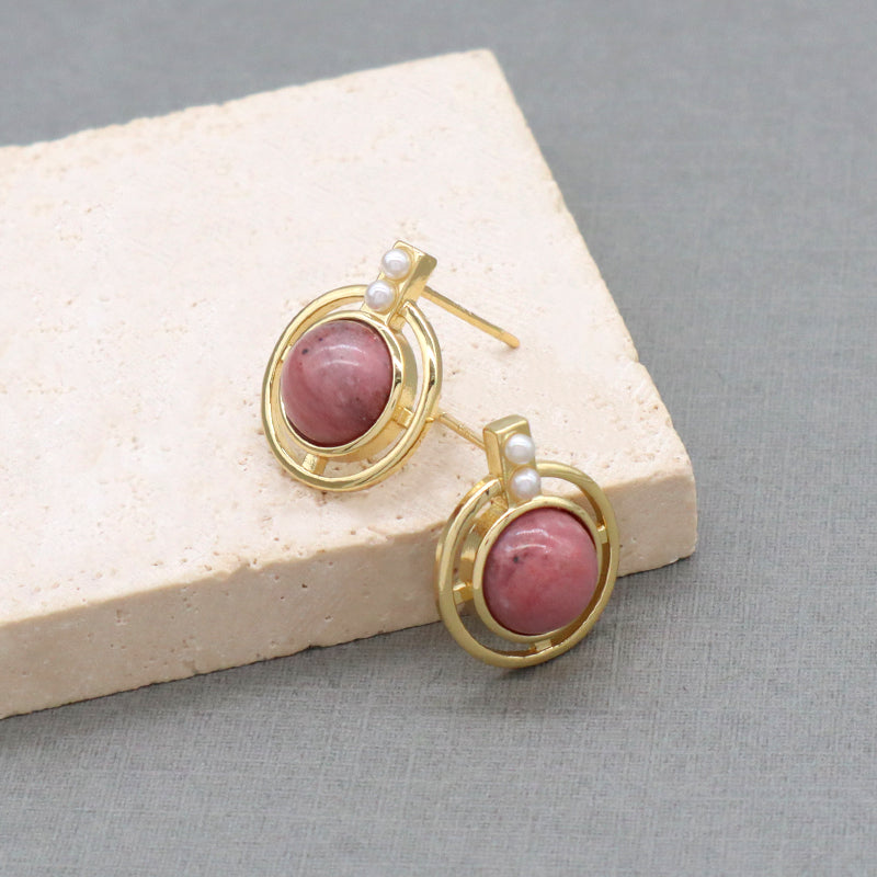 Wholesale Customized Fresh Water Pearl Earrings Stud Women Gift Jewelry Gold Plated Green Pink Natural Stone Stud Earrings