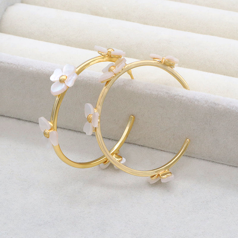 Custom Manufacture Fashion Women Jewelry Gift Gold Plated 925 Silver Sterling Dangle Earring Hoop Shell Flower Shaped Hoop Earrings
