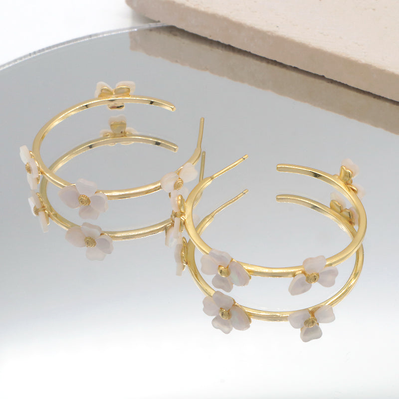 Custom Manufacture Fashion Women Jewelry Gift Gold Plated 925 Silver Sterling Dangle Earring Hoop Shell Flower Shaped Hoop Earrings