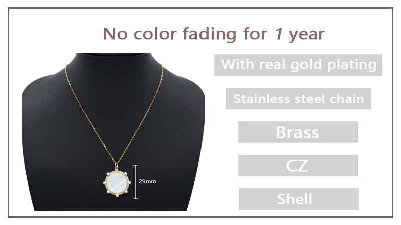 Trendy Jewelry Custom Factory Round Pearl Charm Gold Plated Stainless Steel Chain Cz Pearl Shell Pendant Necklace For Women Gift