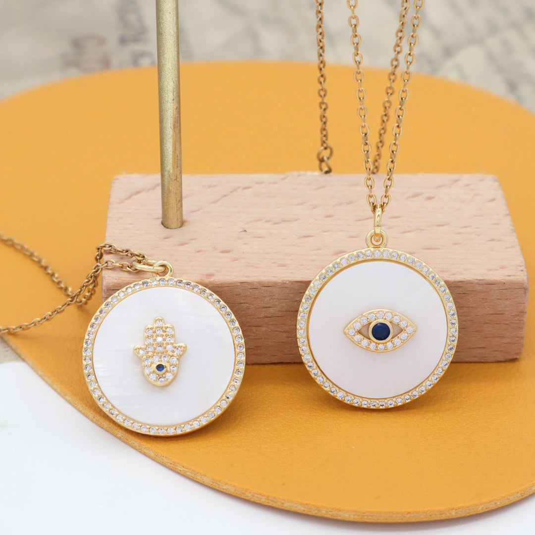 Factory Women Gift Custom Round CZ Hamsa Hand Pendant Charm Jewelry Gold Plated Stainless Steel Chain Shell Evil Eyes Necklace