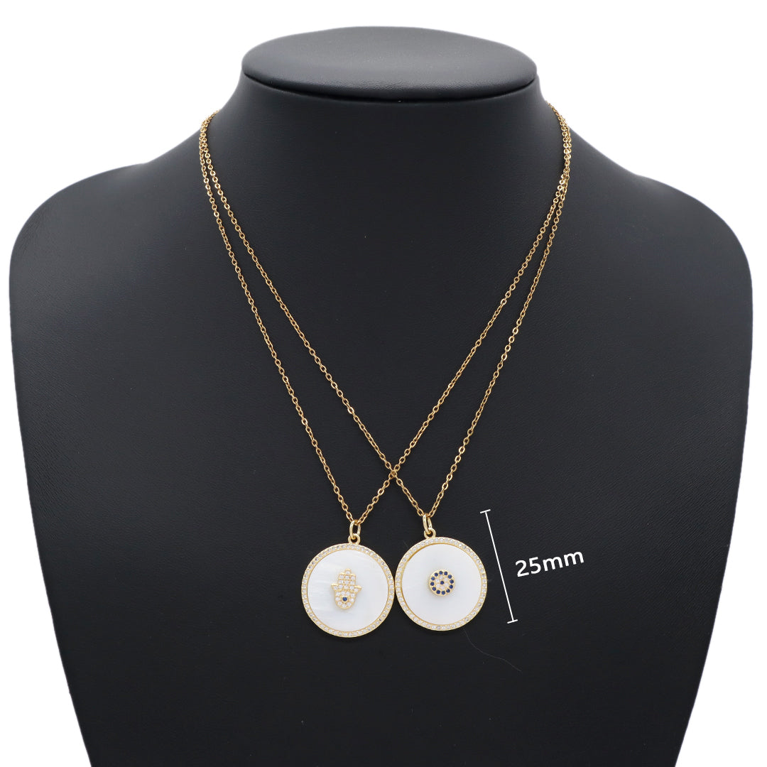 Factory Women Gift Custom Round CZ Hamsa Hand Pendant Charm Jewelry Gold Plated Stainless Steel Chain Shell Evil Eyes Necklace