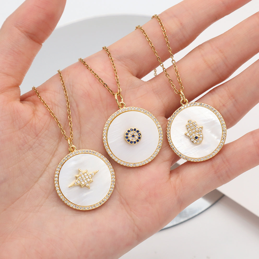 Factory Women Gift Custom Round CZ Hamsa Hand Pendant Charm Jewelry Gold Plated Stainless Steel Chain Shell Evil Eyes Necklace