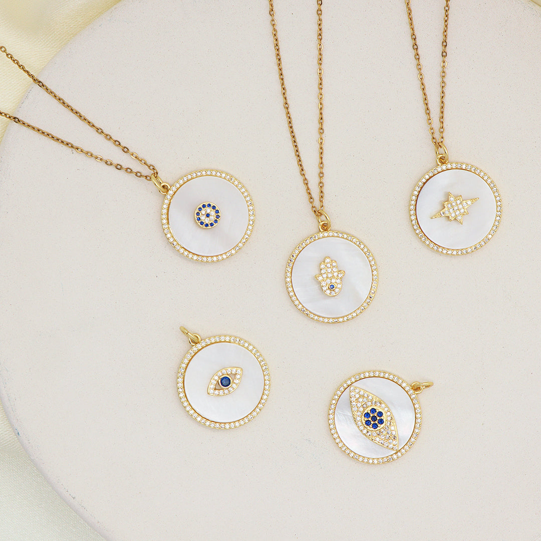 Factory Women Gift Custom Round CZ Hamsa Hand Pendant Charm Jewelry Gold Plated Stainless Steel Chain Shell Evil Eyes Necklace