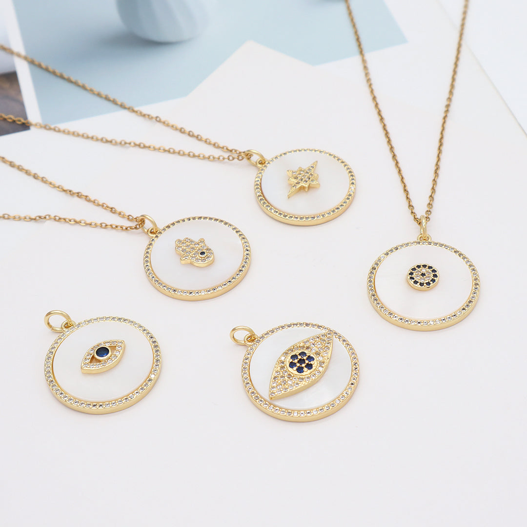 Factory Women Gift Custom Round CZ Hamsa Hand Pendant Charm Jewelry Gold Plated Stainless Steel Chain Shell Evil Eyes Necklace