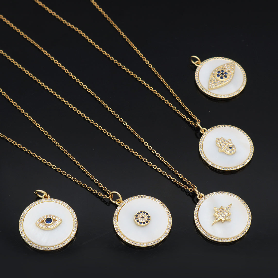 Factory Women Gift Custom Round CZ Hamsa Hand Pendant Charm Jewelry Gold Plated Stainless Steel Chain Shell Evil Eyes Necklace