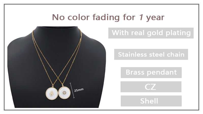 Factory Women Gift Custom Round CZ Hamsa Hand Pendant Charm Jewelry Gold Plated Stainless Steel Chain Shell Evil Eyes Necklace