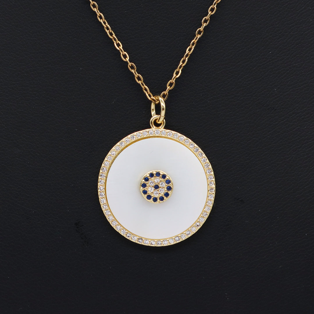 Factory Women Gift Custom Round CZ Hamsa Hand Pendant Charm Jewelry Gold Plated Stainless Steel Chain Shell Evil Eyes Necklace